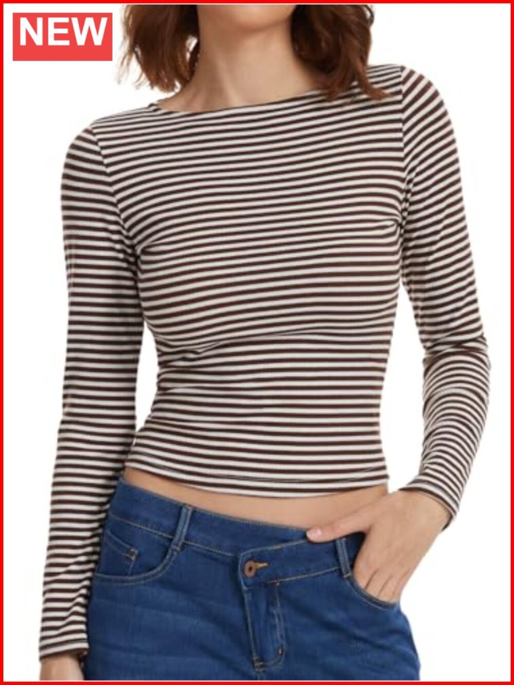 Striped Long Sleeve Boat Neck Slim Fit Ruched Crop Top Casual Fall Winter